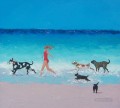 girl and dogs running on beach Child impressionism